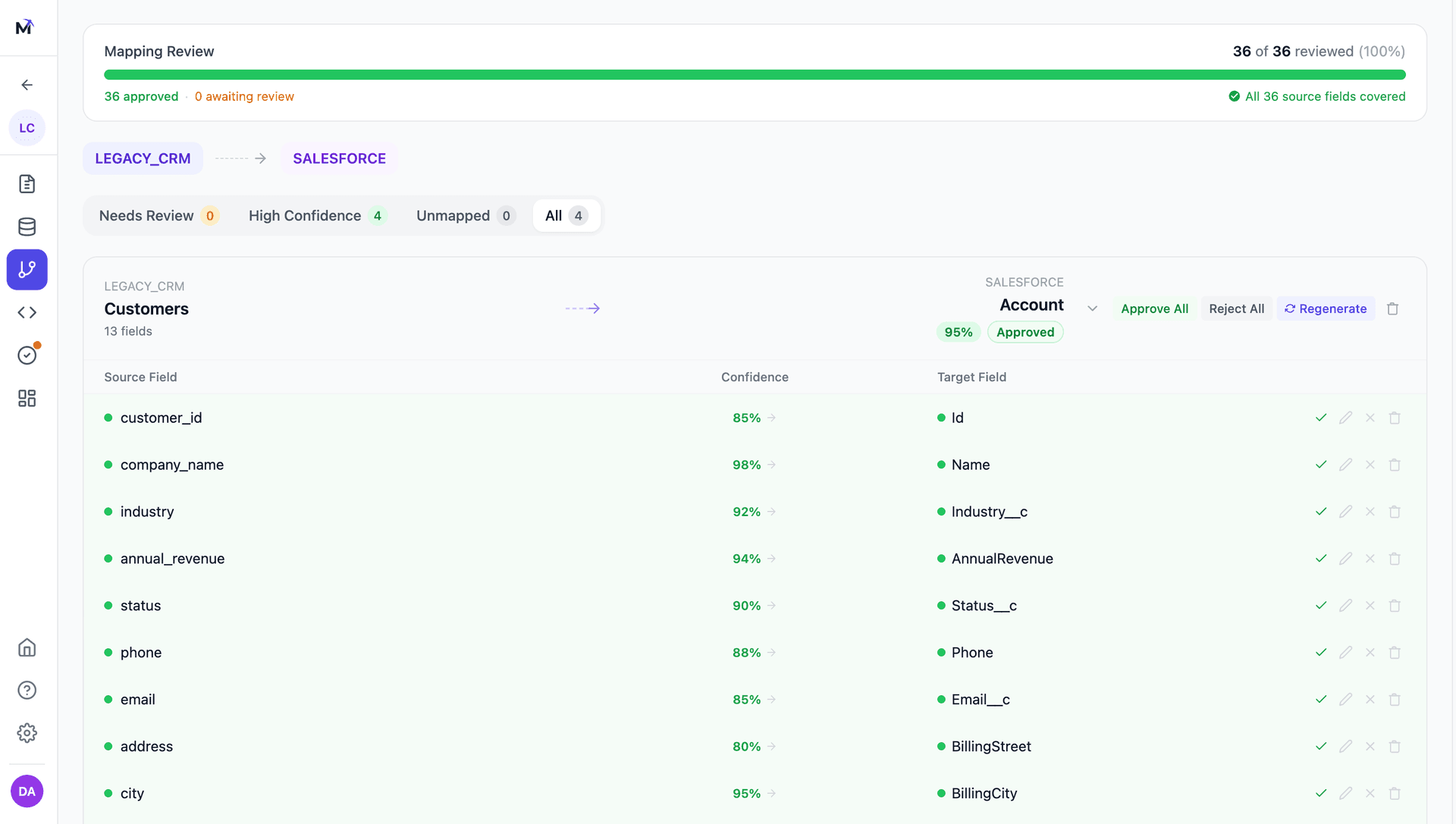 Mine mapping review with AI-generated field mappings and confidence scores