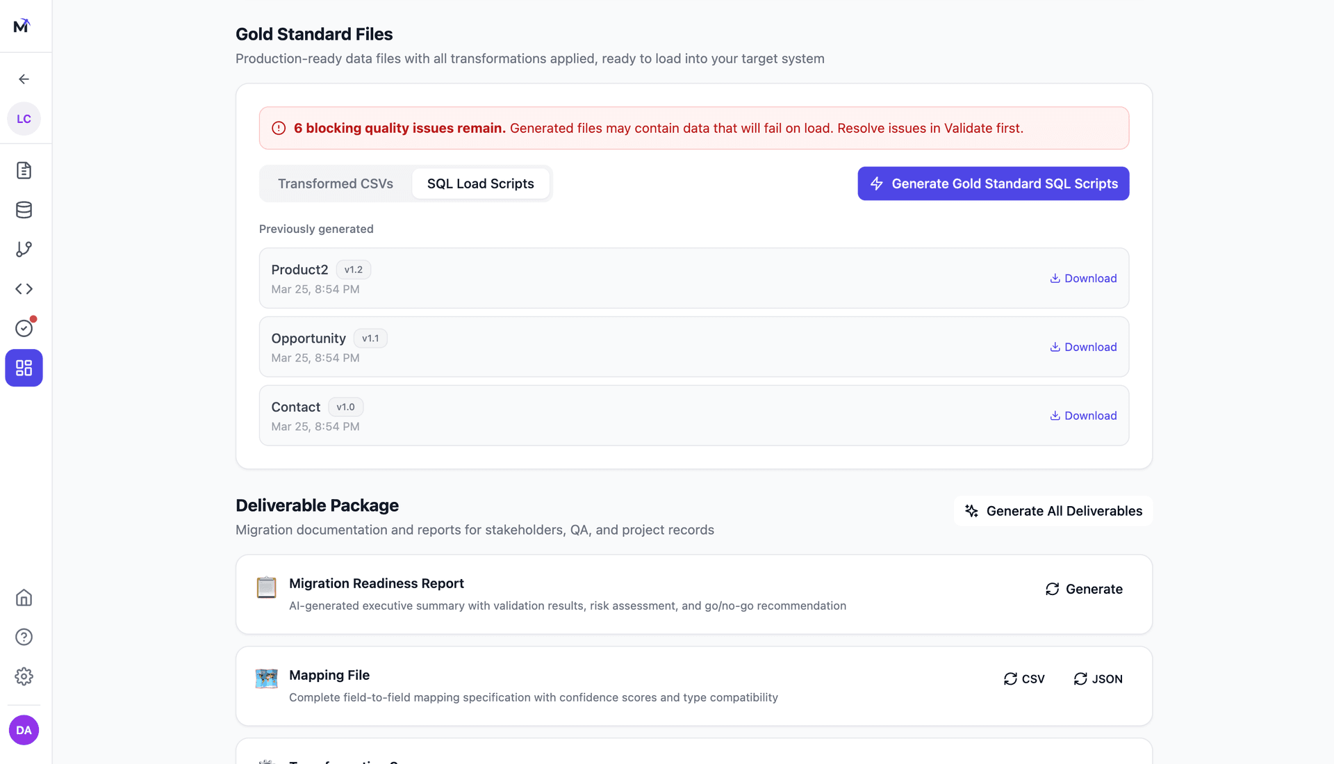 Mine migration center showing production-ready output files and migration status