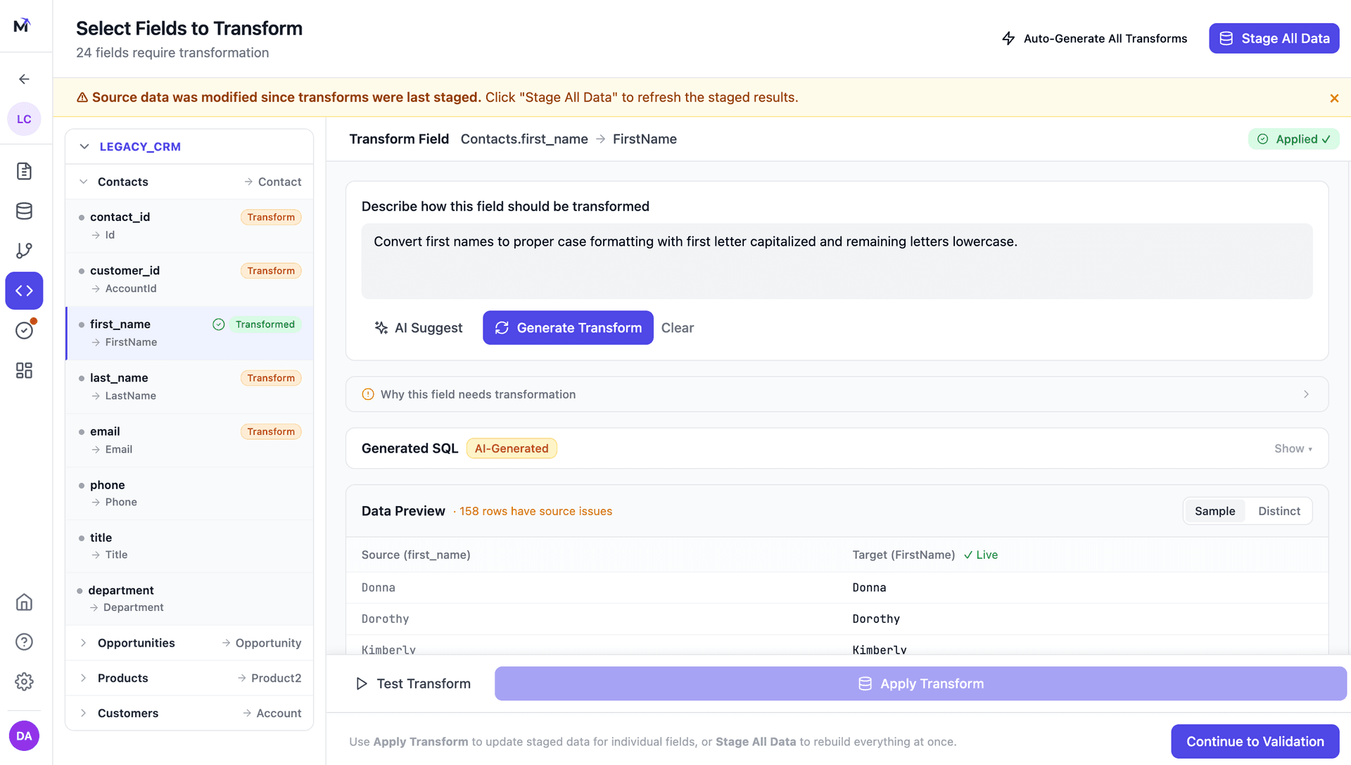 Mine transform editor with AI-suggested transformations and live data preview